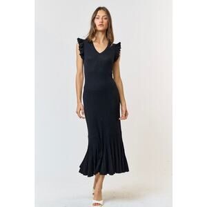 Ruffle Sleeve Pleated Mermaid Sweater Maxi Dress in Black